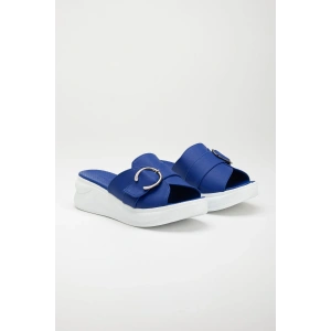 Kadın Mavi Kalın Topuklu Tokalı Terlik