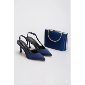 Sivri Burunlu Arkası Açık İnce Topuklu Stiletto Ve Çanta Takımı Lacivert