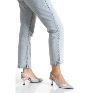Arkası Açık Sivri Burunlu Şık Topuklu Abiye Ayakkabı Gümüş