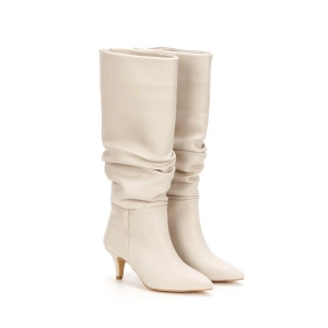 Kadın Bej Büzgü Detaylı İnce Topuklu Dizaltı Çizme