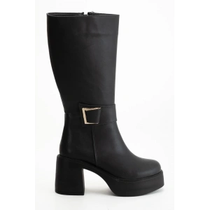 Kadın Platform Topuklu Tokalı Çizme Siyah