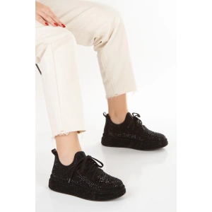 Kadın Siyah Işıltı Taşlı Yüksek Platform Tabanlı Sneaker