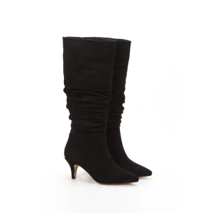 Kadın Siyah Süet Büzgü Detaylı İnce Topuklu Dizaltı Çizme