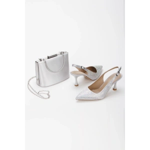 Kadın Taş İşlemeli İnce Topuklu Gece Ayakkabısı ve Çanta Takımı Gümüş