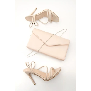 Kadın Yazlık 10 Cm Ince Topuklu Ayakkabı Ve Çanta Takımı Bej