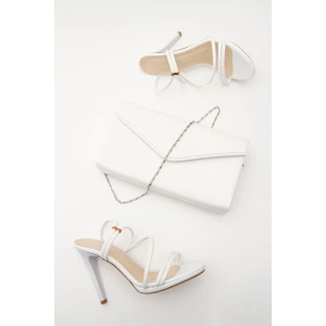 Kadın Yazlık 10 Cm Ince Topuklu Ayakkabı Ve Çanta Takımı Beyaz