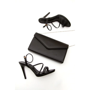 Kadın Yazlık 10 Cm Ince Topuklu Ayakkabı Ve Çanta Takımı Siyah