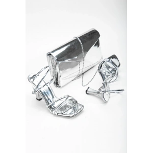 Kadın Yazlık Biyeli Ayakkabı ve Çanta Takımı Gümüş