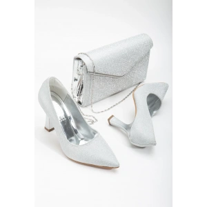 Özel Üretim Kalın Topuklu Stiletto ve Çanta Takımı Gümüş
