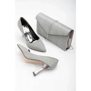 Özel Üretim Kalın Topuklu Stiletto ve Çanta Takımı Platin