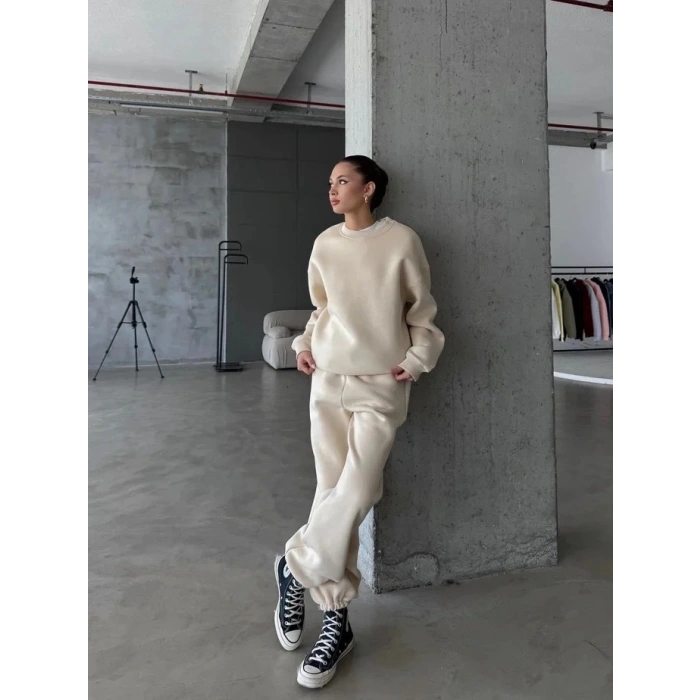 3 iplik şardonlu Lastik paça eşofman bej p510439