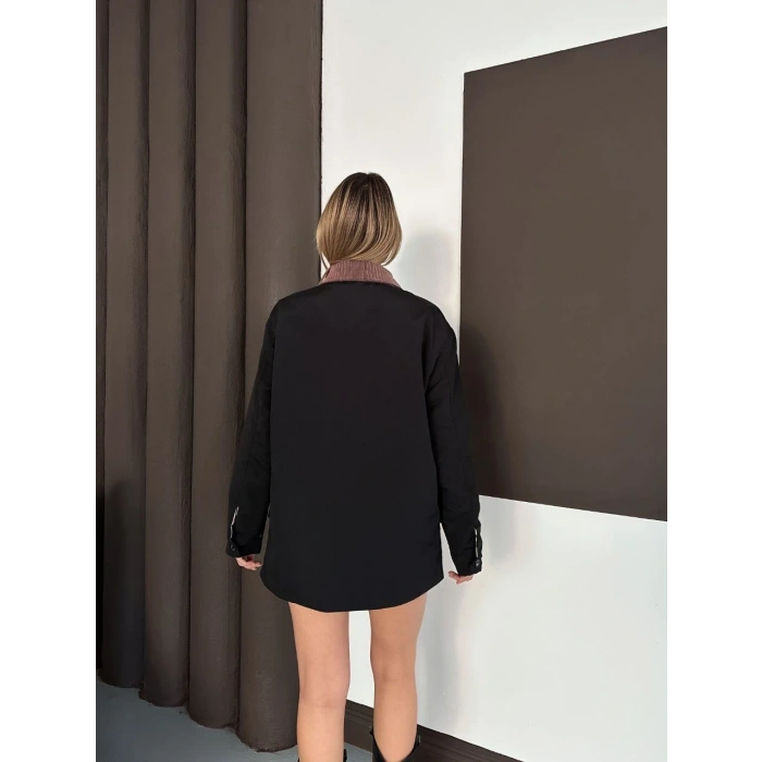 Astarlı yaka detaylı artos ceket siyah st2651019