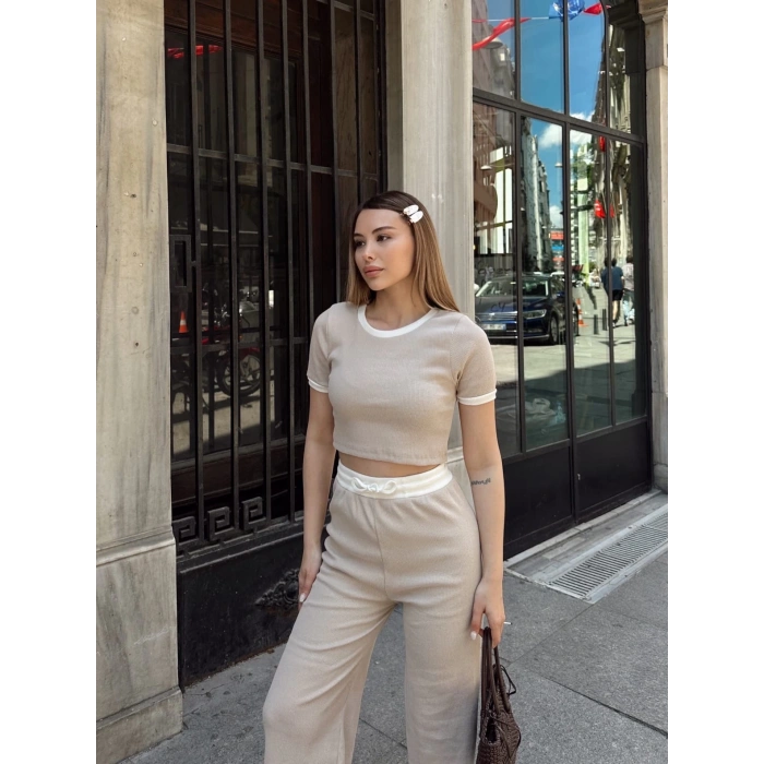 Crop pantolon biyeli takım bej
