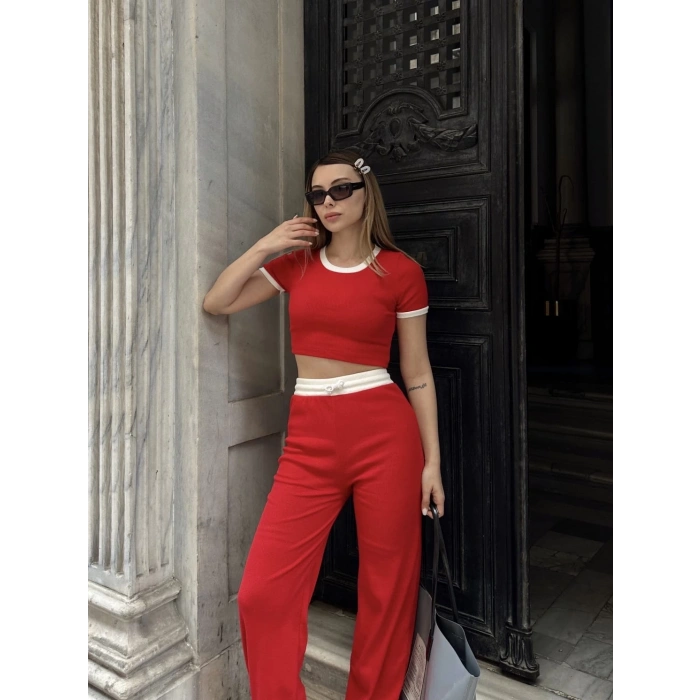 Crop pantolon biyeli takım kırmızı