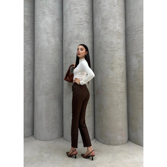 Dar paça kemerli kumaş pantolon kahve pt53