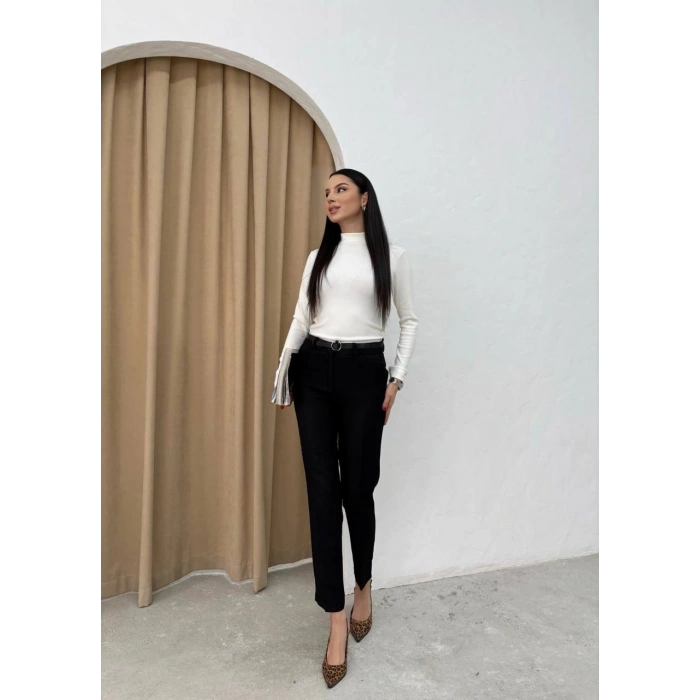 Dar paça kemerli kumaş pantolon siyah pt53