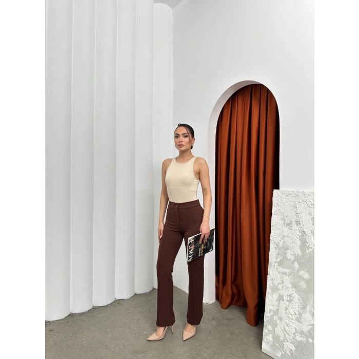 Düğmeli Palazzo pantolon kahve p170091