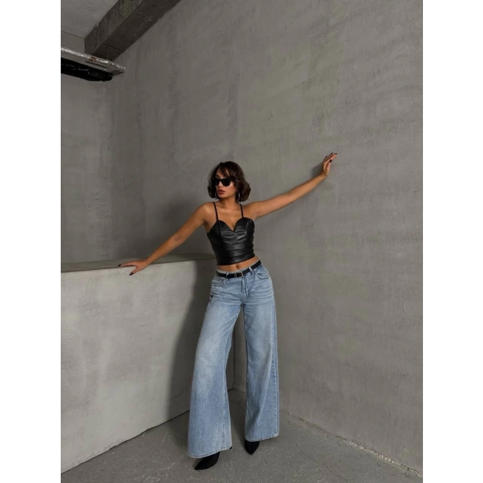 İp askılı yandan fermuarlı rastale deri crop siyah s24113