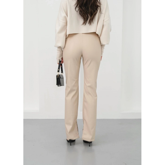 İspanyol yırtmaçlı paça deri pantolon bej hn