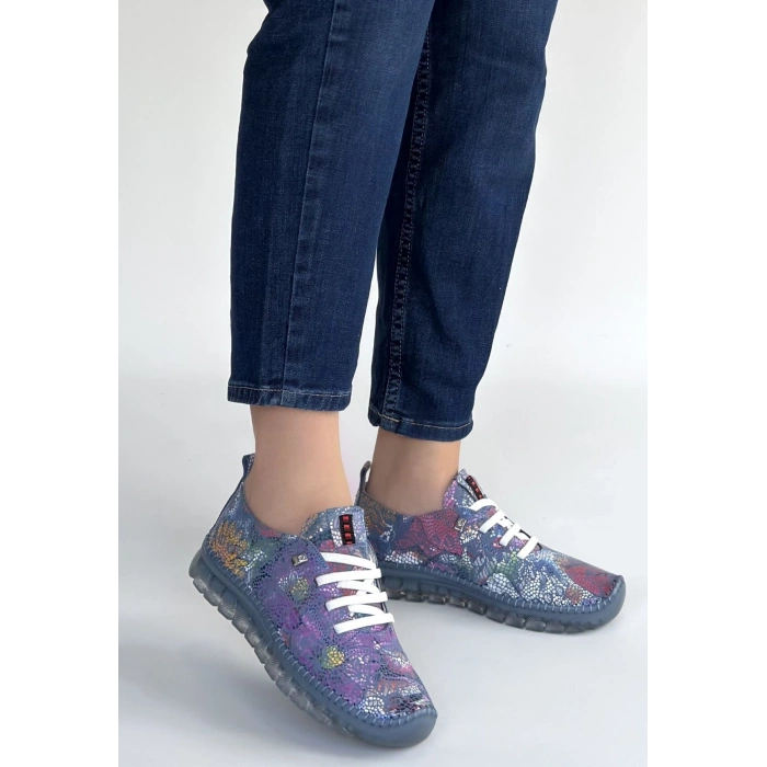 Kinte Mor Desenli Deri Bağcıklı Spor Ayakkabı