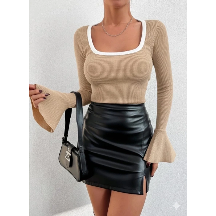 Kare yaka garni detay ispanyol kol bluz bej a3105