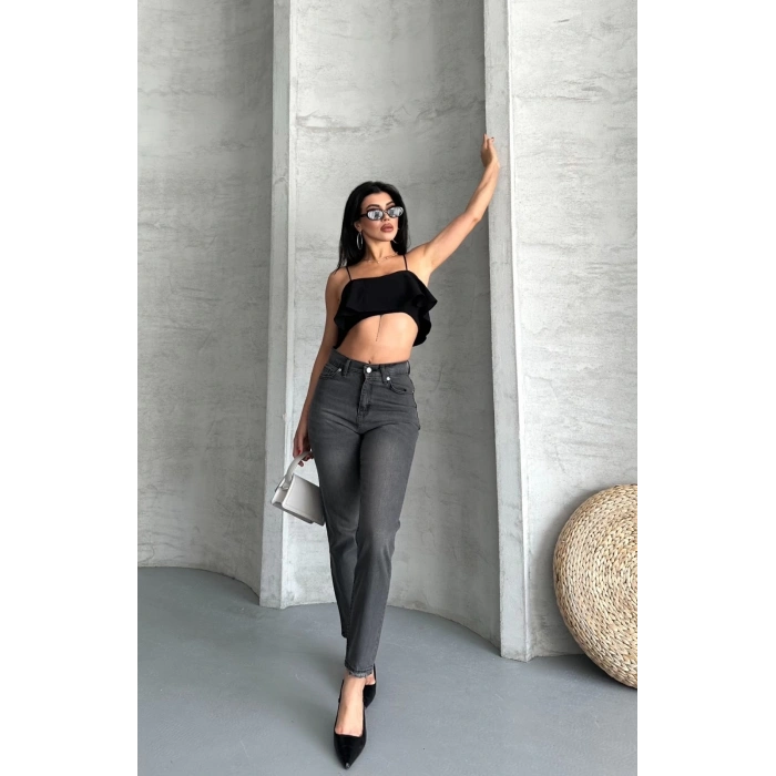 Mom fit enzim taş yıkama jeans pantolon füme d2006