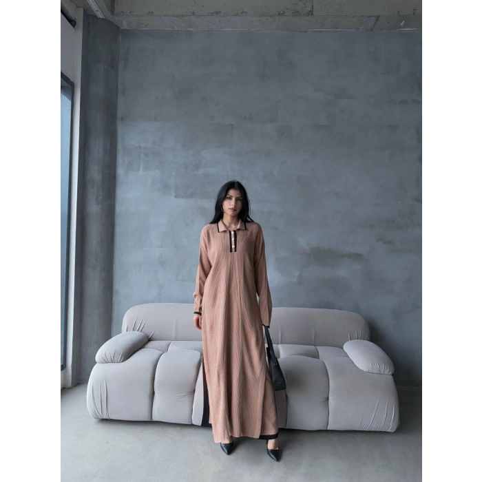 Pantolon yırtmaçlı elbise ikili triko takım vizon elf