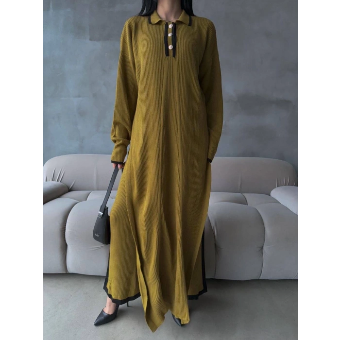 Pantolon yırtmaçlı elbise ikili triko takım yeşil elf