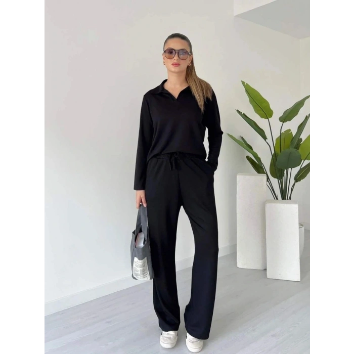 Polo yaka alt üst kollu modal takım siyah pt