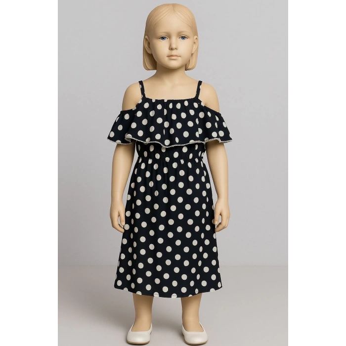 Puantiyeli askılı prenses elbise kız çocuk lacivert