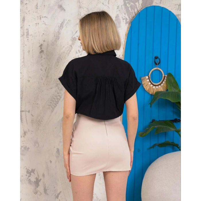 Sıfır kollu bağlamalı crop gömlek siyah s255359