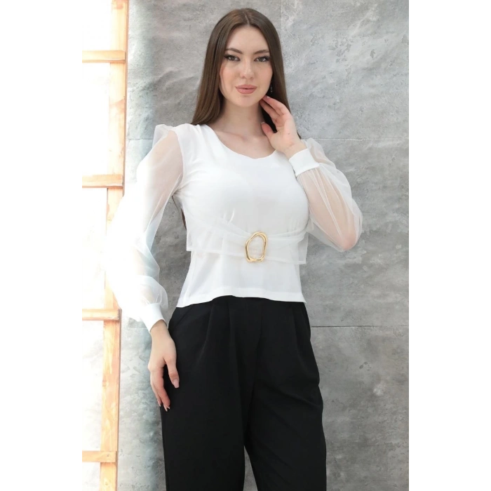 Tokalı tül kollu bluz beyaz t4071