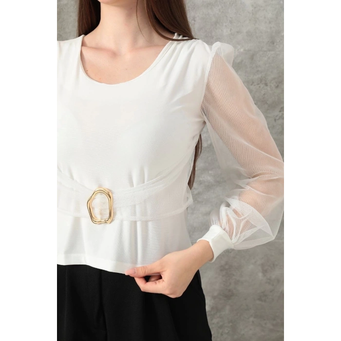 Tokalı tül kollu bluz beyaz t4071