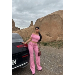 Madonna yaka bol paça pantolonlu takım