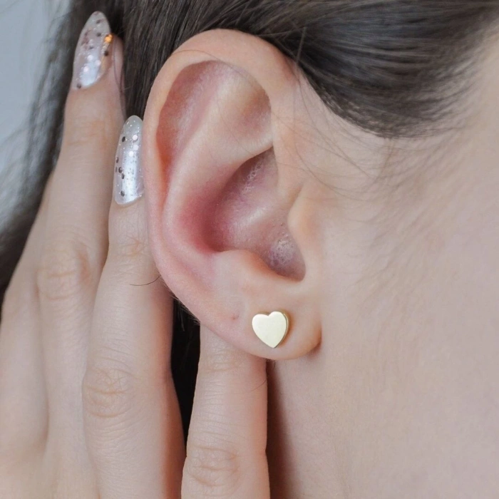 14 Ayar Altın Plaka Kalp Vidalı Küpe