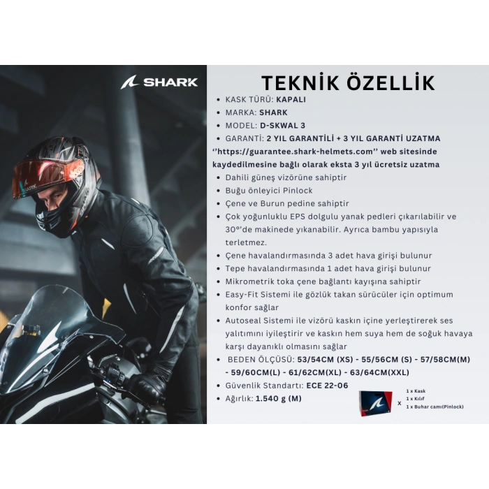 SHARK D-SKWAL 3 SIZLAR GRİ-SİYAH-BEYAZ KAPALI KASK (PINLOCK HEDİYELİDİR)