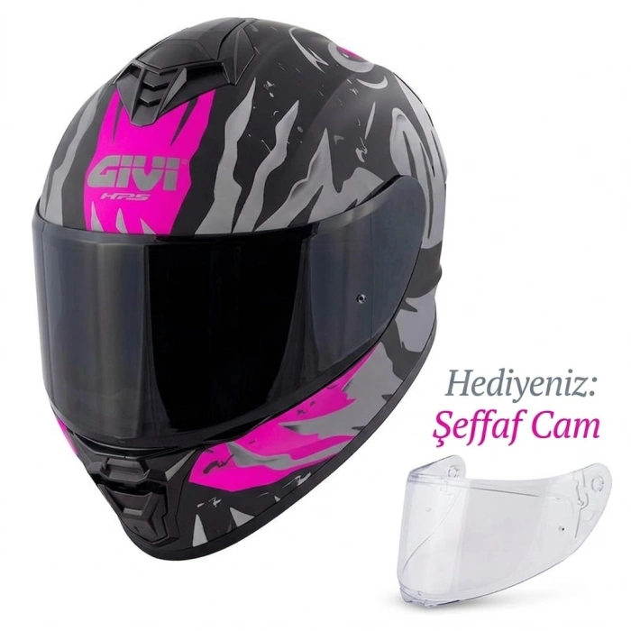 GIVI 50.X SHARKBITE MAT SİYAH-GRİ-PEMBE KASK (SİYAH+ŞEFFAF CAMLI)