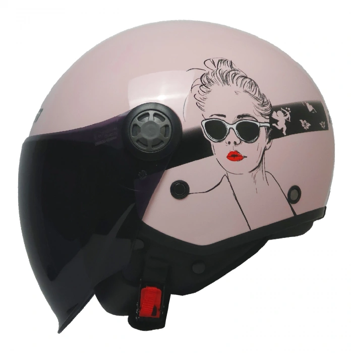 FR-612 BELLA YARIM KASK PEMBE-SİYAH-BEYAZ (SİYAH CAMLI+GÜNEŞ VİZÖRLÜ)