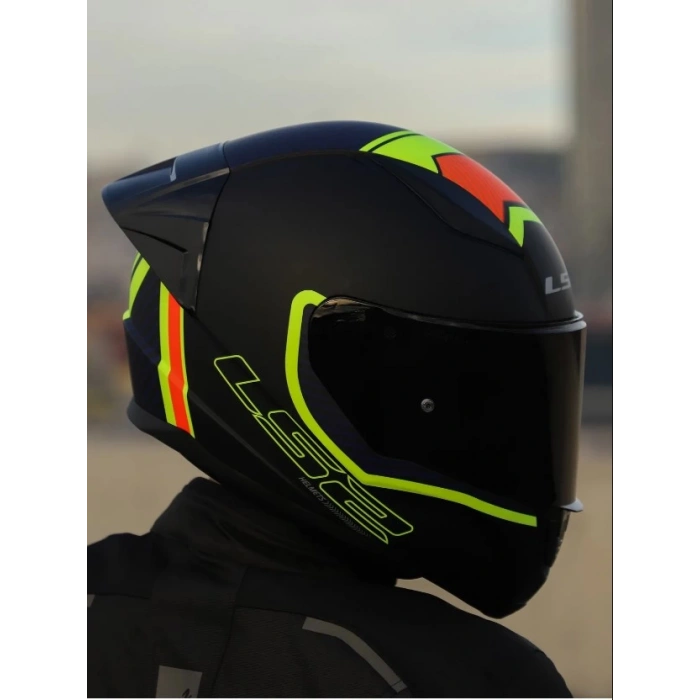 LS2 RAPID 2 RACE EXTRA MAT NEON SARI-NAVY MAVİ KASK+SPOILER+SİYAH CAM
