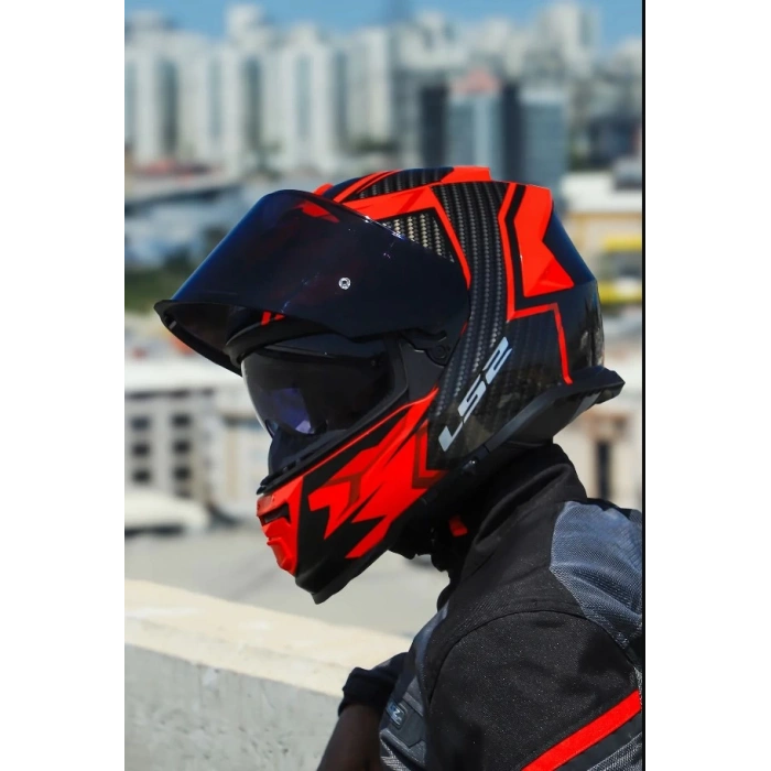 LS2 STORM 2 TRACKER SİYAH-KIRMIZI KASK (SİYAH+ŞEFFAF CAMLI)