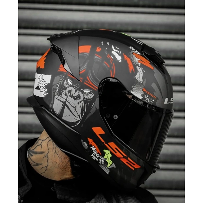 LS2 STREAM 2 ANGRY MONKEY MAT SİYAH-KIRMIZI KAPALI KASK(SİYAH+ŞEFFAF CAM)