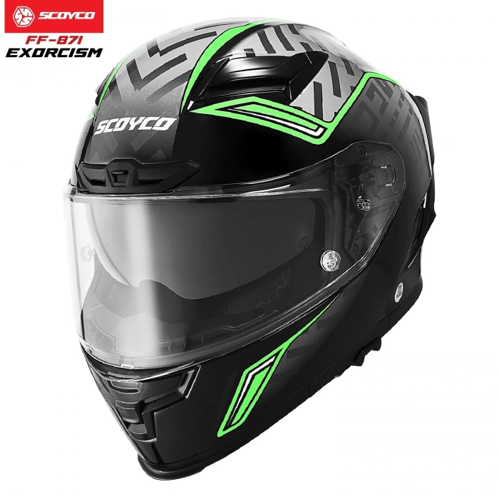 SCOYCO FF-871 EXORCISM SİYAH-YEŞİL GÜNEŞ VİZÖRLÜ KAPALI KASK
