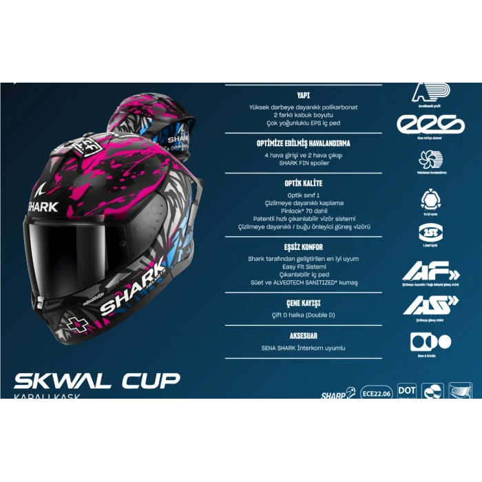 SHARK SKWAL CUP MOTOGP MAT SİYAH-KIRMIZI KASK (SİYAH CAM+PINLOCK HEDİYELİ)