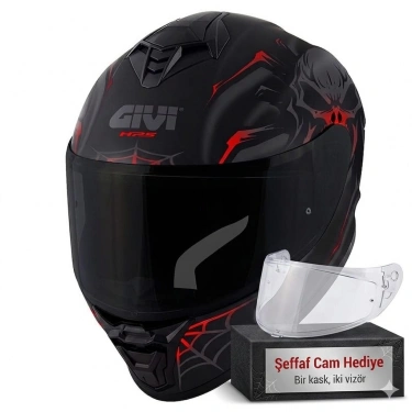 GIVI 50.X ARACHNO MAT SİYAH-KIRMIZI KAPALI KASK (SİYAH CAM+ŞEFFAF CAM)