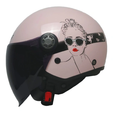 FR-612 BELLA YARIM KASK PEMBE-SİYAH-BEYAZ (SİYAH CAMLI+GÜNEŞ VİZÖRLÜ)