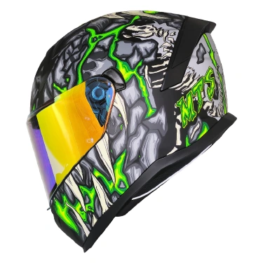 MTS M-910 SKULL MAT SİYAH-YEŞİL-BEYAZ GÜNEŞ VİZÖRLÜ KASK (GOLD CAMLI)