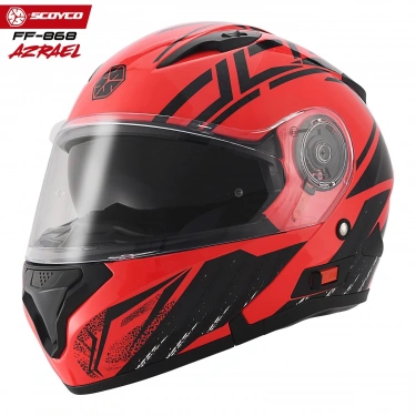 SCOYCO FF-868 AZRAEL KIRMIZI-SİYAH ÇENE AÇILIR GÜNEŞ VİZÖRLÜ KASK