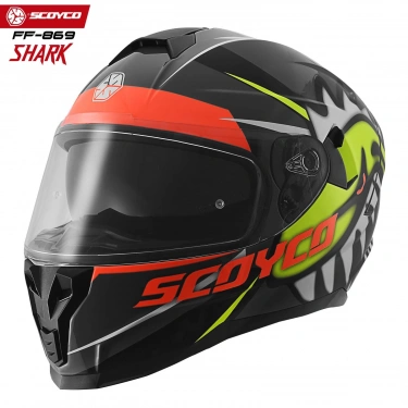 SCOYCO FF-869 SHARK SİYAH-GRİ-NEON GÜNEŞ VİZÖRLÜ KAPALI KASK