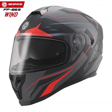 SCOYCO FF-869 WIND MAT SİYAH-KIRMIZI-GRİ GÜNEŞ VİZÖRLÜ KAPALI KASK
