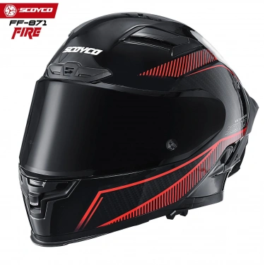 SCOYCO FF-871 FIRE SİYAH-KIRMIZI-CARBON GÜNEŞ VİZÖRLÜ KAPALI KASK (SİYAH CAMLI)